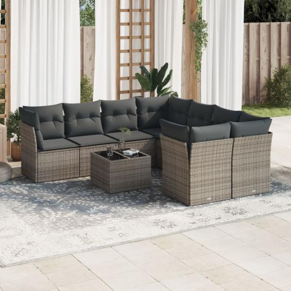 ARDEBO.de - 9-tlg. Garten-Sofagarnitur mit Kissen Grau Poly Rattan