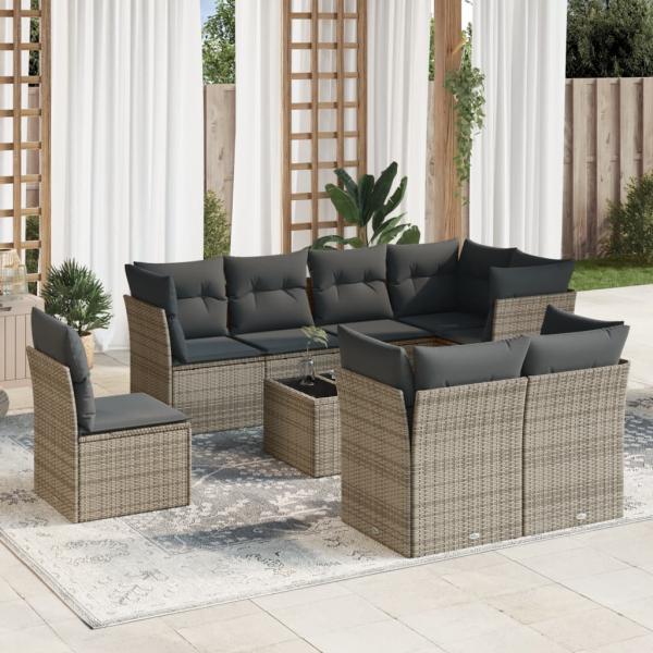 ARDEBO.de - 9-tlg. Garten-Sofagarnitur mit Kissen Grau Poly Rattan