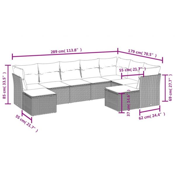 9-tlg. Garten-Sofagarnitur mit Kissen Grau Poly Rattan