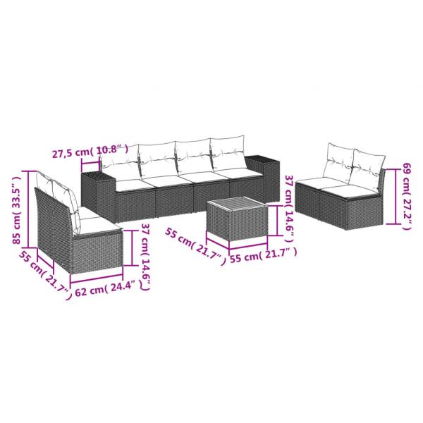 9-tlg. Garten-Sofagarnitur mit Kissen Grau Poly Rattan