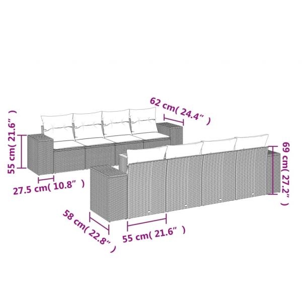 9-tlg. Garten-Sofagarnitur mit Kissen Grau Poly Rattan