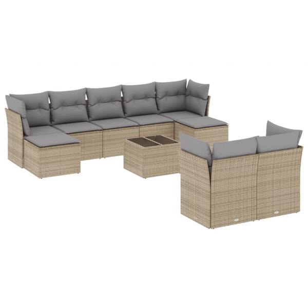 10-tlg. Garten-Sofagarnitur mit Kissen Beige Poly Rattan