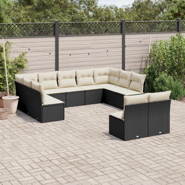 ARDEBO.de - 11-tlg. Garten-Sofagarnitur mit Kissen Schwarz Poly Rattan