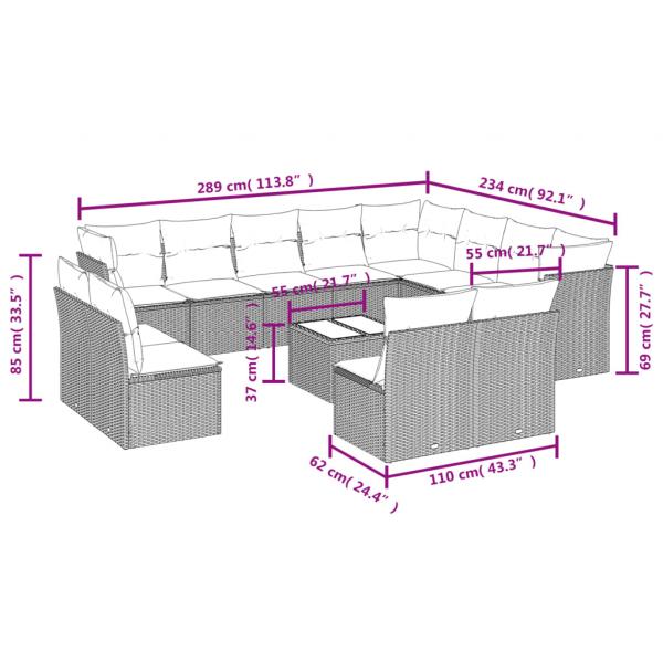 13-tlg. Garten-Sofagarnitur mit Kissen Grau Poly Rattan