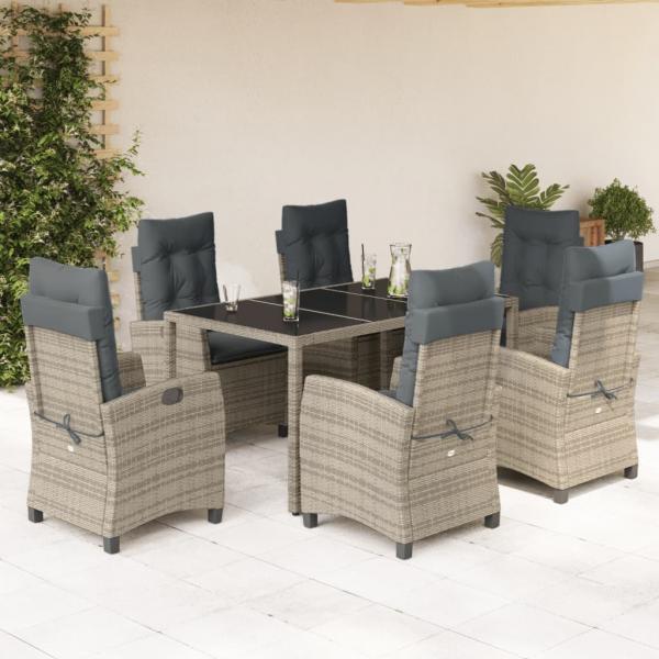 ARDEBO.de - 7-tlg. Garten-Essgruppe mit Kissen Grau Poly Rattan