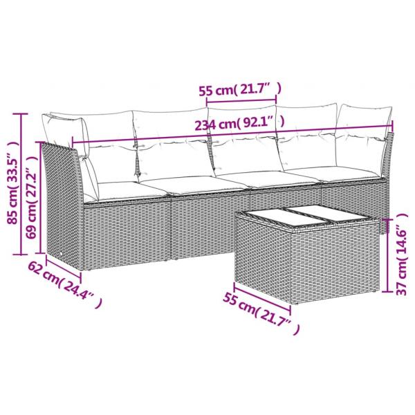 5-tlg. Garten-Sofagarnitur mit Kissen Grau Poly Rattan