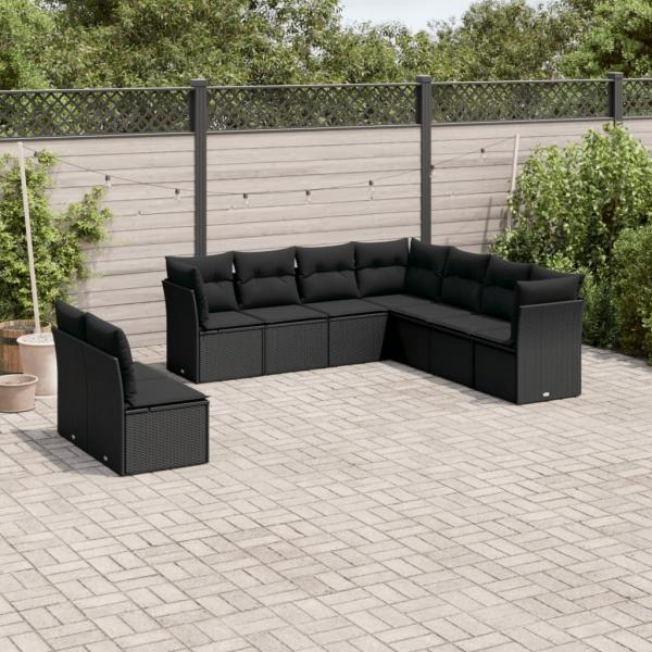 ARDEBO.de - 9-tlg. Garten-Sofagarnitur mit Kissen Schwarz Poly Rattan