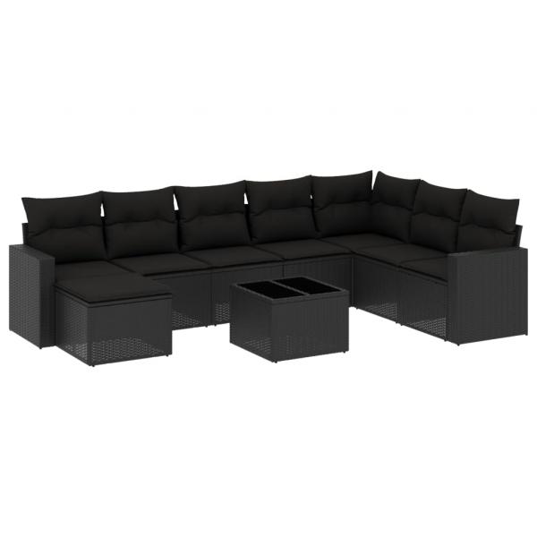 9-tlg. Garten-Sofagarnitur mit Kissen Schwarz Poly Rattan