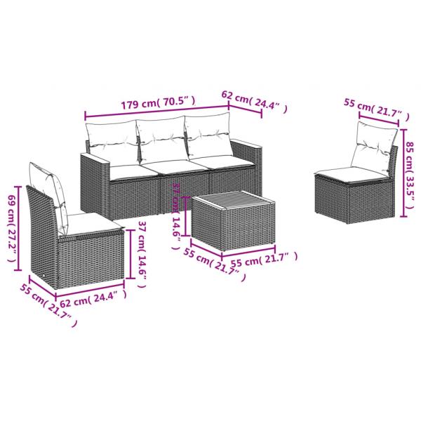 6-tlg. Garten-Sofagarnitur mit Kissen Grau Poly Rattan