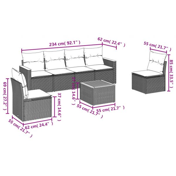 7-tlg. Garten-Sofagarnitur mit Kissen Grau Poly Rattan