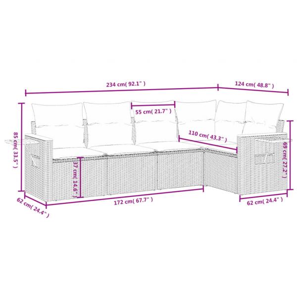 5-tlg. Garten-Sofagarnitur mit Kissen Schwarz Poly Rattan