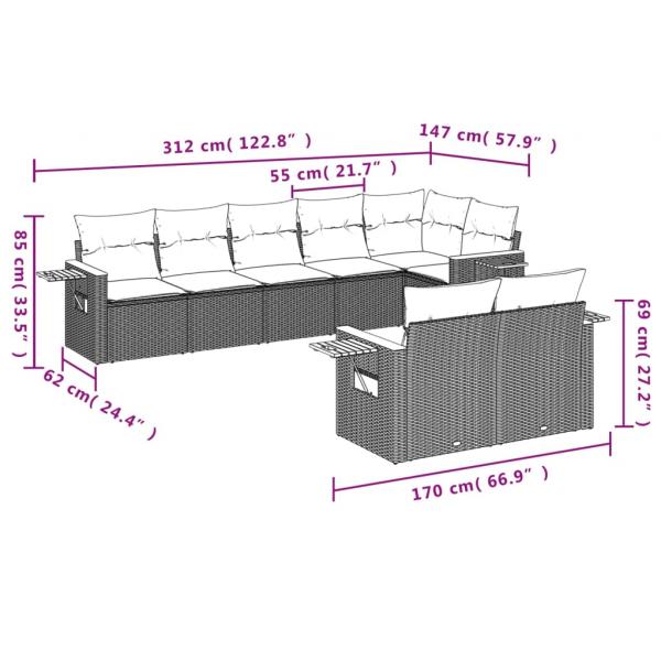 8-tlg. Garten-Sofagarnitur mit Kissen Grau Poly Rattan