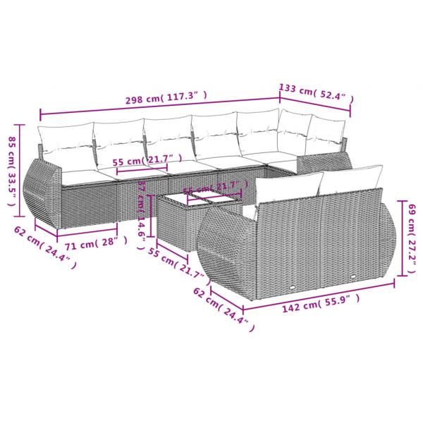 9-tlg. Garten-Sofagarnitur mit Kissen Grau Poly Rattan