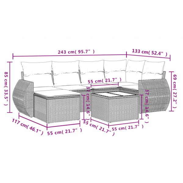 7-tlg. Garten-Sofagarnitur mit Kissen Grau Poly Rattan