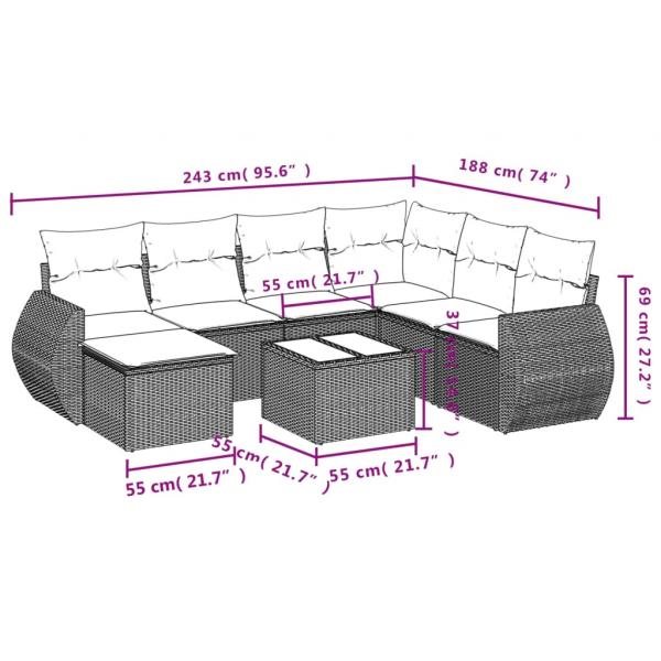 8-tlg. Garten-Sofagarnitur mit Kissen Grau Poly Rattan