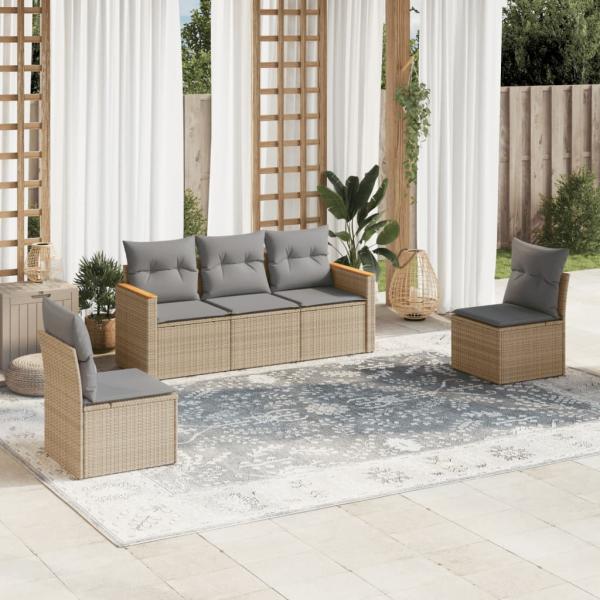 ARDEBO.de - 5-tlg. Garten-Sofagarnitur mit Kissen Beige Poly Rattan