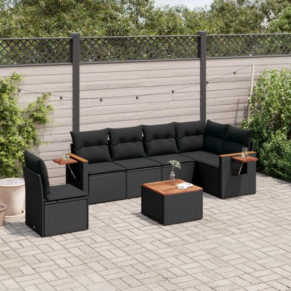 ARDEBO.de - 7-tlg. Garten-Sofagarnitur mit Kissen Schwarz Poly Rattan