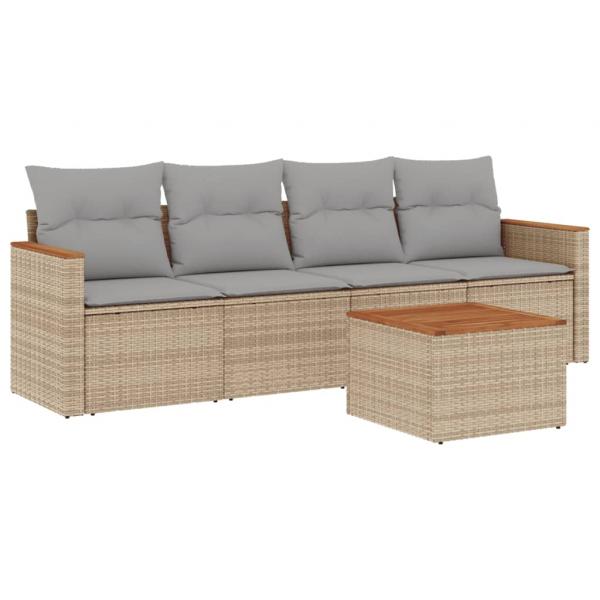 5-tlg. Garten-Sofagarnitur mit Kissen Beige Poly Rattan