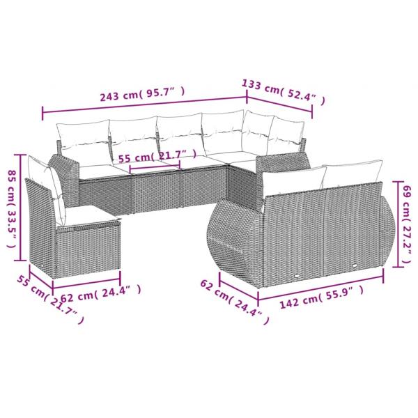 8-tlg. Garten-Sofagarnitur mit Kissen Schwarz Poly Rattan