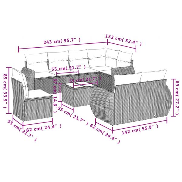 9-tlg. Garten-Sofagarnitur mit Kissen Beige Poly Rattan