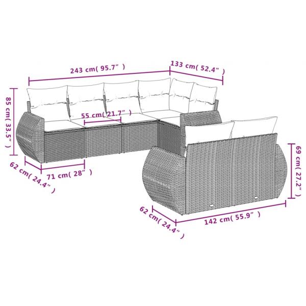 7-tlg. Garten-Sofagarnitur mit Kissen Schwarz Poly Rattan