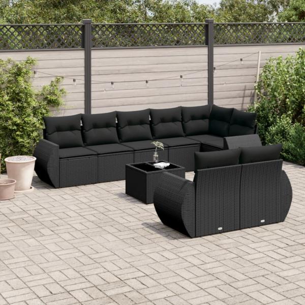 ARDEBO.de - 9-tlg. Garten-Sofagarnitur mit Kissen Schwarz Poly Rattan