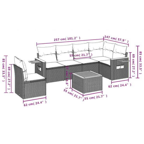 7-tlg. Garten-Sofagarnitur mit Kissen Grau Poly Rattan