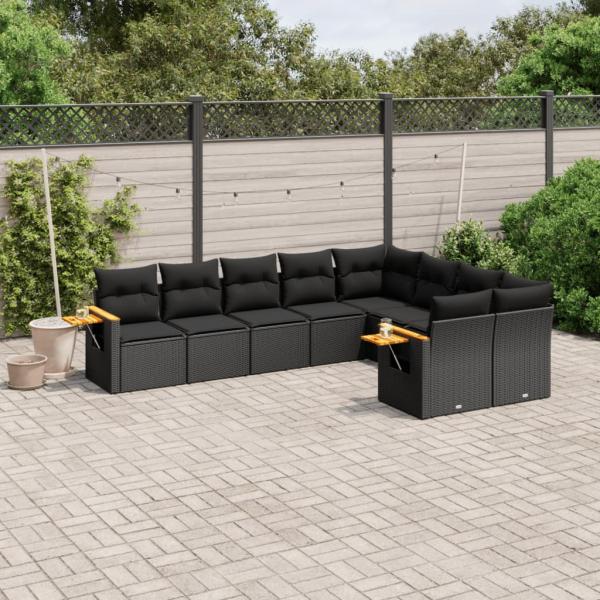 ARDEBO.de - 9-tlg. Garten-Sofagarnitur mit Kissen Schwarz Poly Rattan