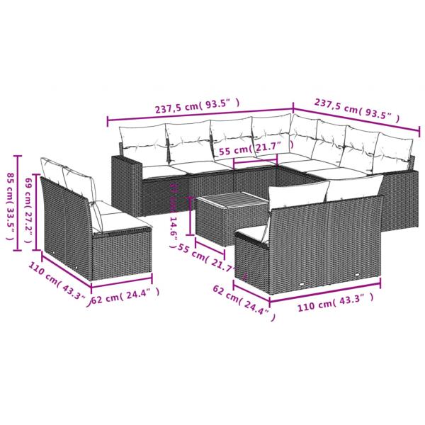 12-tlg. Garten-Sofagarnitur mit Kissen Grau Poly Rattan