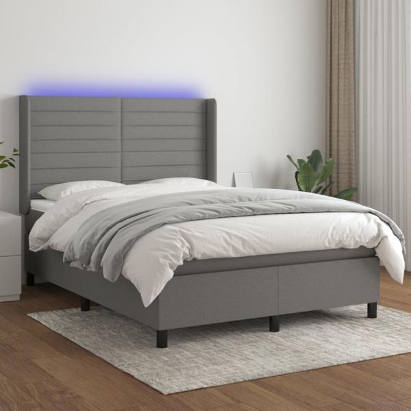 ARDEBO.de - Boxspringbett mit Matratze & LED Dunkelgrau 140x190 cm Stoff