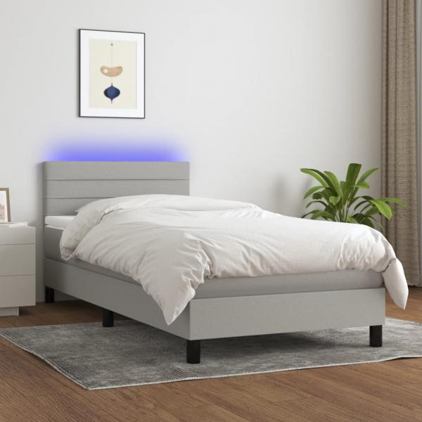 ARDEBO.de - Boxspringbett mit Matratze & LED Hellgrau 90x190 cm Stoff