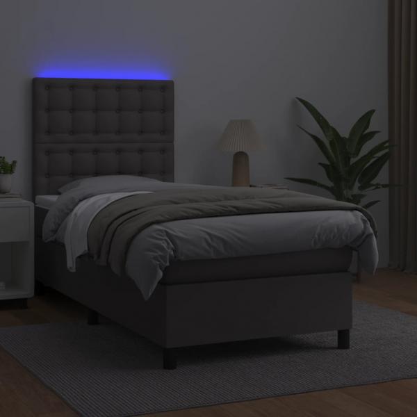 Boxspringbett mit Matratze & LED Grau 90x190 cm Kunstleder