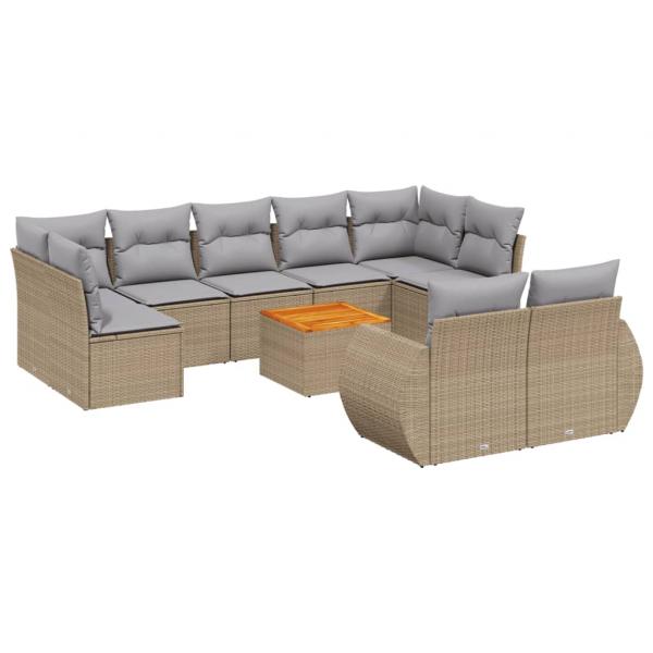 10-tlg. Garten-Sofagarnitur mit Kissen Beige Poly Rattan