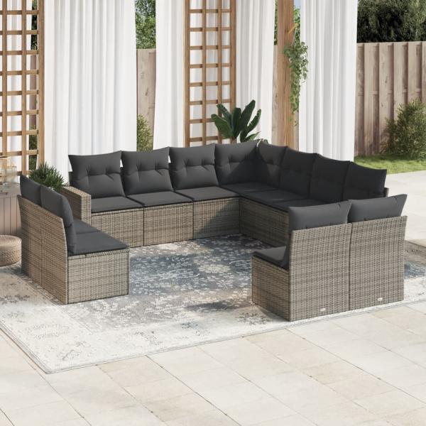 ARDEBO.de - 11-tlg. Garten-Sofagarnitur mit Kissen Grau Poly Rattan