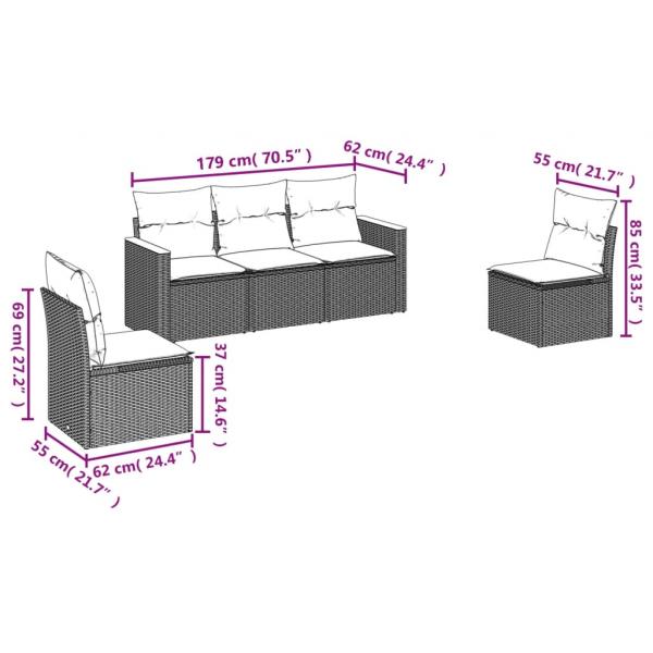 5-tlg. Garten-Sofagarnitur mit Kissen Grau Poly Rattan