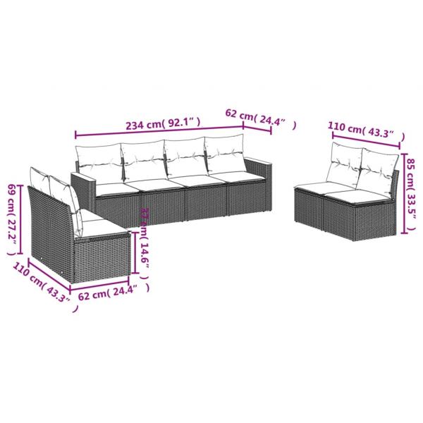 8-tlg. Garten-Sofagarnitur mit Kissen Grau Poly Rattan