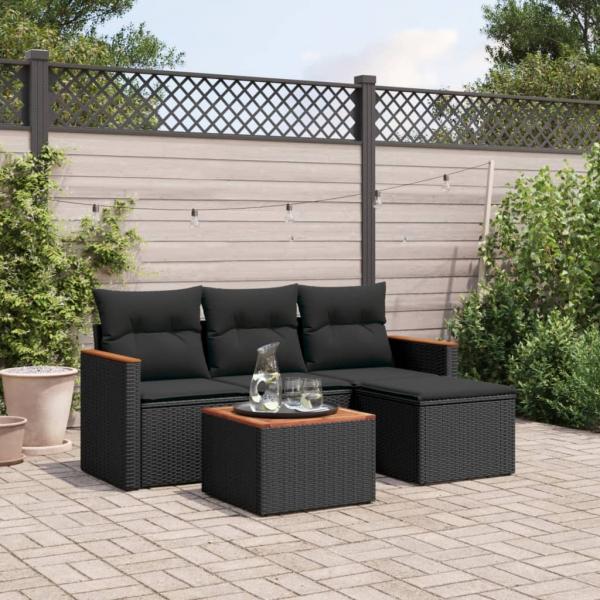 ARDEBO.de - 5-tlg. Garten-Sofagarnitur mit Kissen Schwarz Poly Rattan