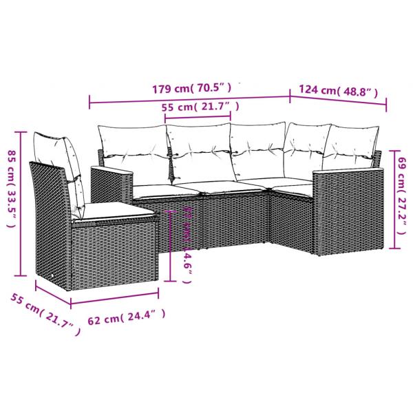 5-tlg. Garten-Sofagarnitur mit Kissen Grau Poly Rattan