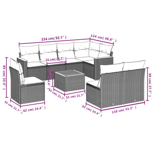 9-tlg. Garten-Sofagarnitur mit Kissen Grau Poly Rattan