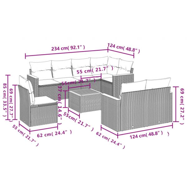 9-tlg. Garten-Sofagarnitur mit Kissen Schwarz Poly Rattan