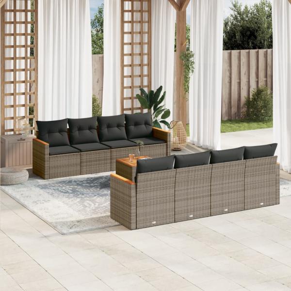 9-tlg. Garten-Sofagarnitur mit Kissen Grau Poly Rattan