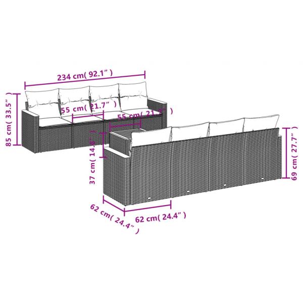 9-tlg. Garten-Sofagarnitur mit Kissen Grau Poly Rattan