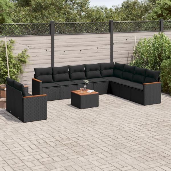 ARDEBO.de - 11-tlg. Garten-Sofagarnitur mit Kissen Schwarz Poly Rattan