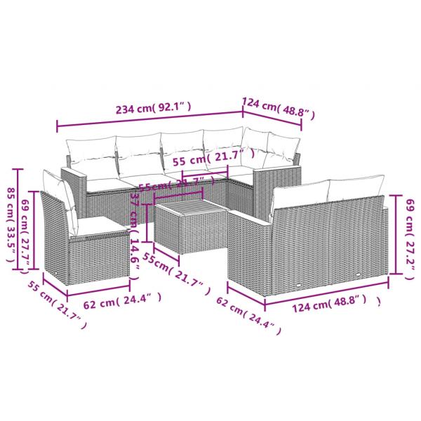 9-tlg. Garten-Sofagarnitur mit Kissen Grau Poly Rattan