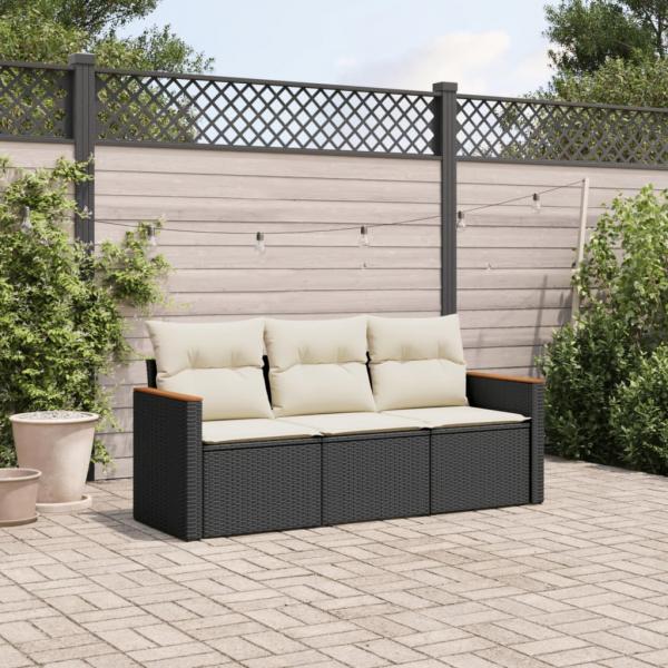 ARDEBO.de - 3-tlg. Garten-Sofagarnitur mit Kissen Schwarz Poly Rattan