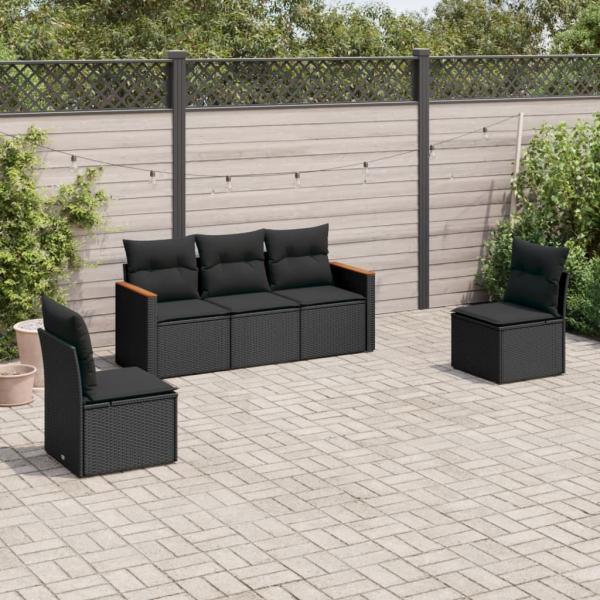 ARDEBO.de - 5-tlg. Garten-Sofagarnitur mit Kissen Schwarz Poly Rattan