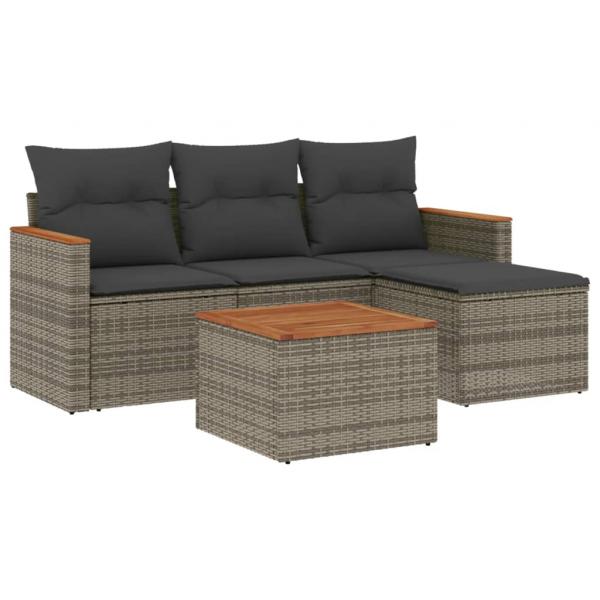 5-tlg. Garten-Sofagarnitur mit Kissen Grau Poly Rattan