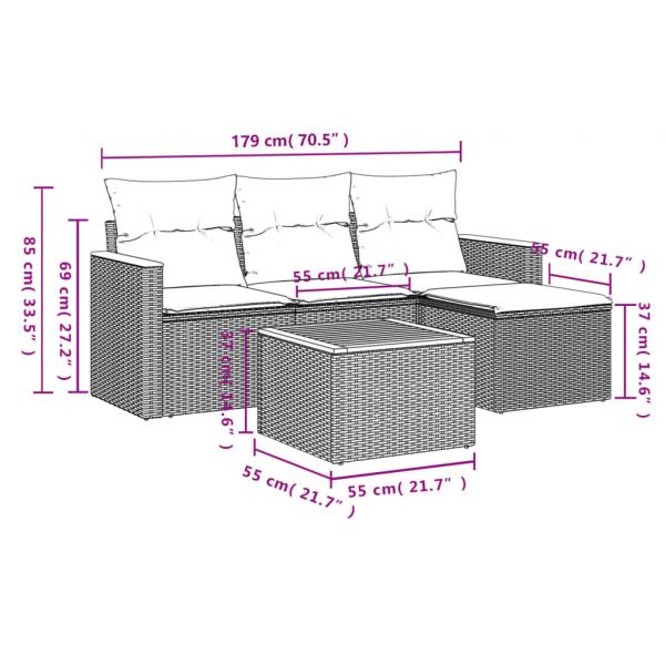 5-tlg. Garten-Sofagarnitur mit Kissen Grau Poly Rattan