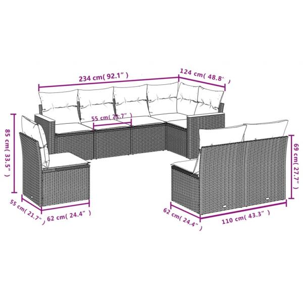 8-tlg. Garten-Sofagarnitur mit Kissen Schwarz Poly Rattan