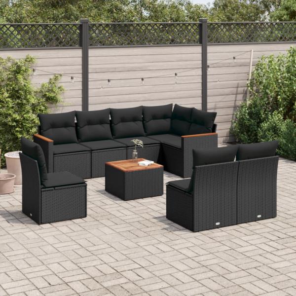 ARDEBO.de - 9-tlg. Garten-Sofagarnitur mit Kissen Schwarz Poly Rattan